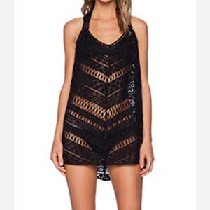 Milly Cabana Drapey Crochet Swim Cover Up Tunic Black, Size P